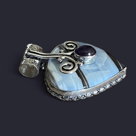 Teardrop Natural Owyhee Opal & Amethyst 2” Gemstone Silver Pendant - Picture 3 of 7